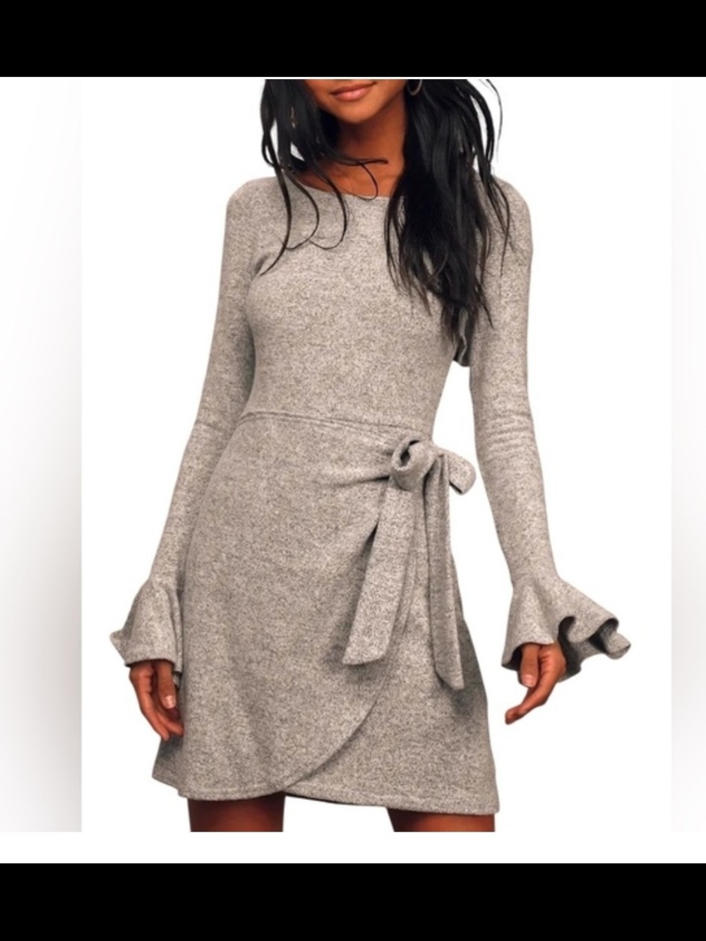 Lulu's Heather Gray Long-Sleeve Tie-Waist Sweater Dress Size S